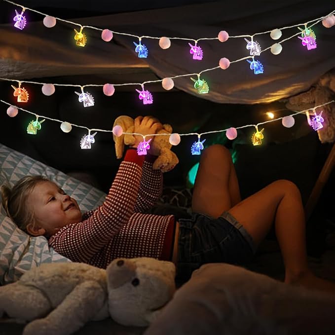 9.85FT Colorful Indoor String Lights with 20 Pink PomPoms 20 Unicorn LED Indoor String Lights Battery Operated with Timer for Home Bedroom Kids Playhouse Birthday Wedding Party Holiday Christmas Decor