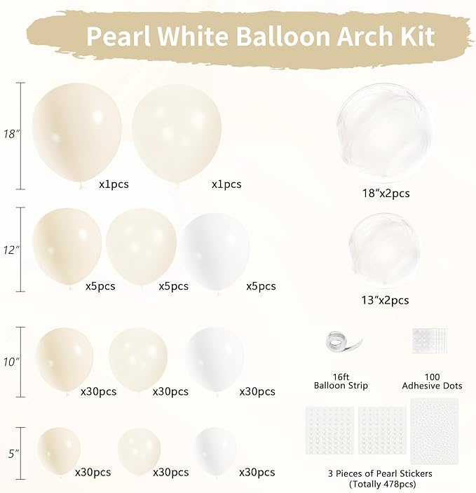 Pearl Balloon Arch Kit 210Pcs White Balloon Arch Garland Kit with Pearl Stickers Clear Balloons for Wedding Birthday Bridal Shower Engagement Baby Shower Party Decorations