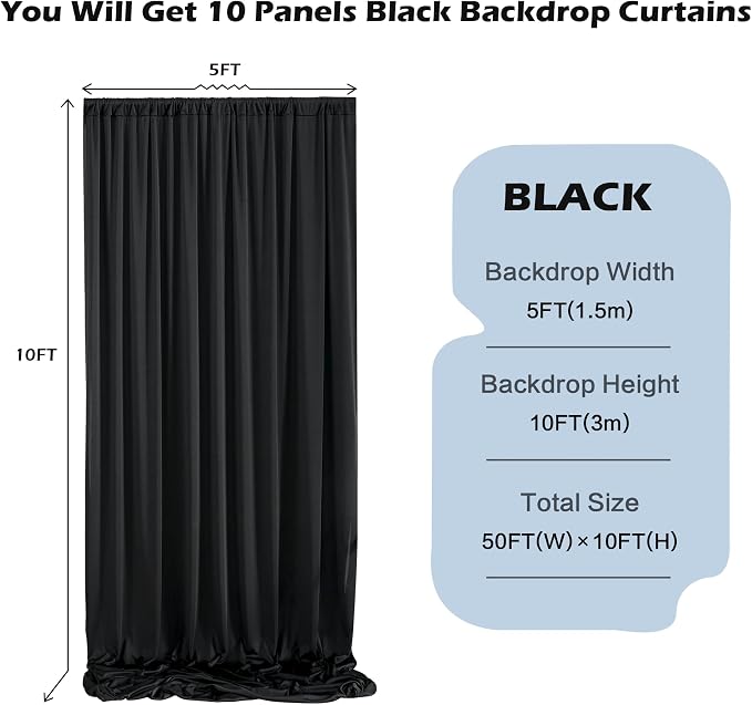 50ft x 10ft Wrinkle Free Black Backdrop Curtain for Parties, 10 Panels Silky Polyester Black Weddings Drapes for Backdrop 10 ft Photo Back Drop Cloth for Birthday Graduation Photography Background