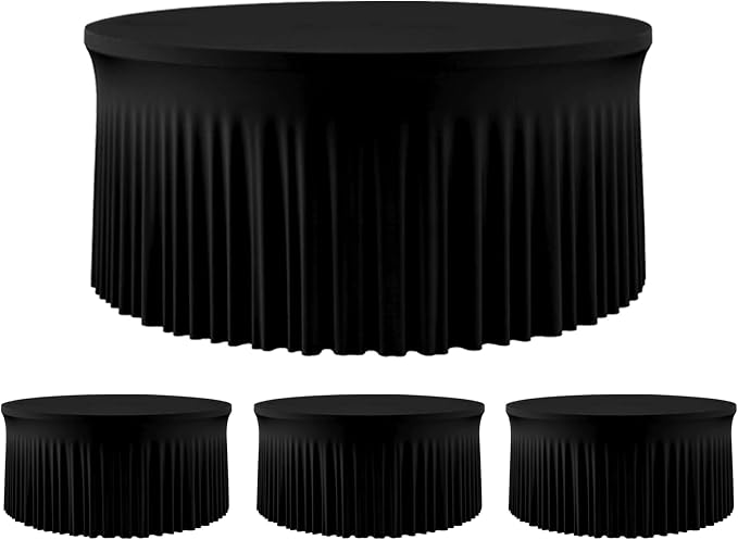 4 Pack Black 60 inch Round Spandex Tablecloth,Wrinkle-Free Stretchy Fitted 5FT Round Tables,Elastic Edge with Skirt,Washable Table Cloths for Wedding Banquet Party Birthday Buffet