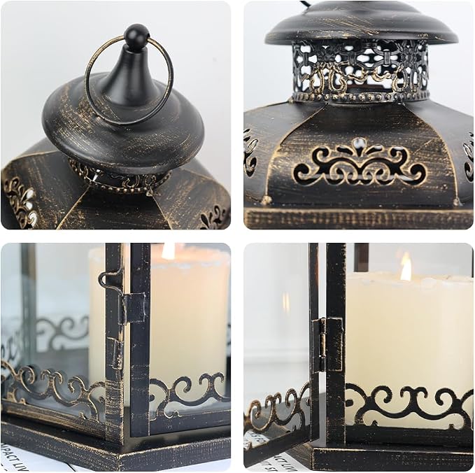 Large Lantern Decorative Outdoor & Indoor, Set of 2 (15’’&11’’) Metal Candle Lanterns Decor, Vintage Hanging Candle Holder for Front Porch Patio Wedding Farmhouse Home, Spring Decoration