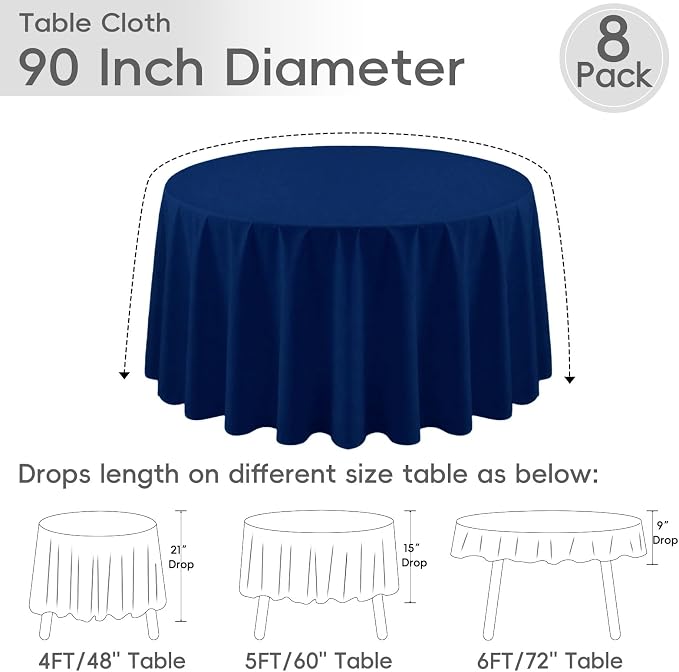 8 Pack Round Tablecloth 90 Inch Navy Blue Tablecloth for Round Tables, Washable Polyester Table Cloth Stain and Wrinkle Resistant Decorative Table Cover for Wedding Party Dining Banquet