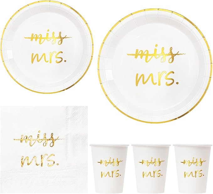 Crisky Gold Miss to Mrs Napkins Plates Cups Set for Bridal Shower Engagement Bachelorette Party Decorations Party Supplies, Disposable Tableware Set of 24 (9" & 7" Plates, Luncheon Napkin, 9oz Cups)