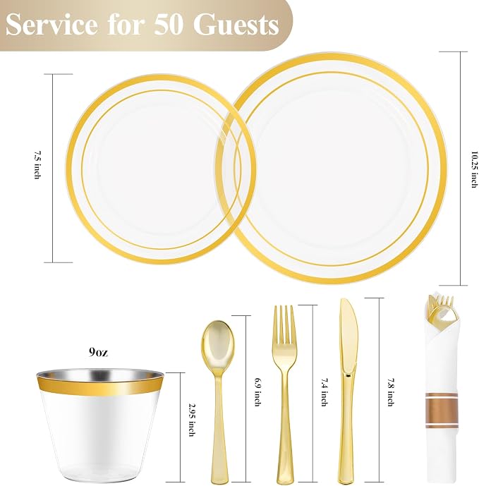 realluck 350PCS Clear Gold Plastic Dinnerware Set for 50 Guests, Disposable Party Plate for Wedding Party, Include: 100 Plastic Plates, 50 Pre Rolled Napkins with Silverware, 50 Cups