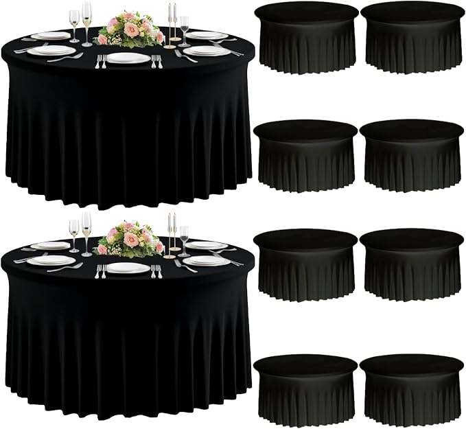 10 Pack Black Round Spandex Tablecloths for 60inch Tables, Stretchy 120inch Fitted 5FT Round Table Cloths Wrinkle Free Washable Table Cover with Skirt for Wedding Birthday Party Dining Banquet Events
