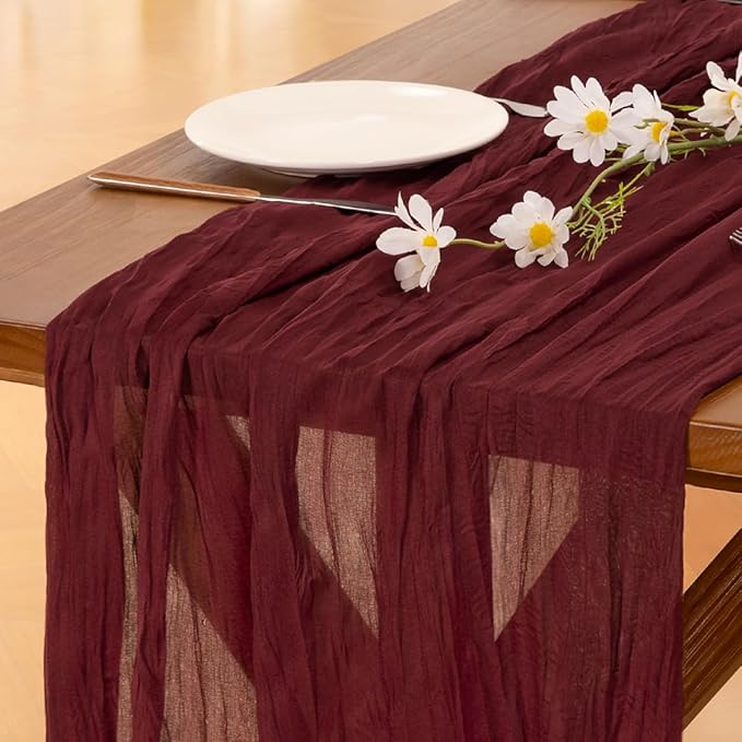 Socomi 2pcs Burgundy Red Easter Spring Cheesecloth Table Runner Boho Rustic Gauze 120 inch 10FT Cheese Cloth Runner for Wedding Party Baby Shower Birthday Home Decor Holiday Decorations