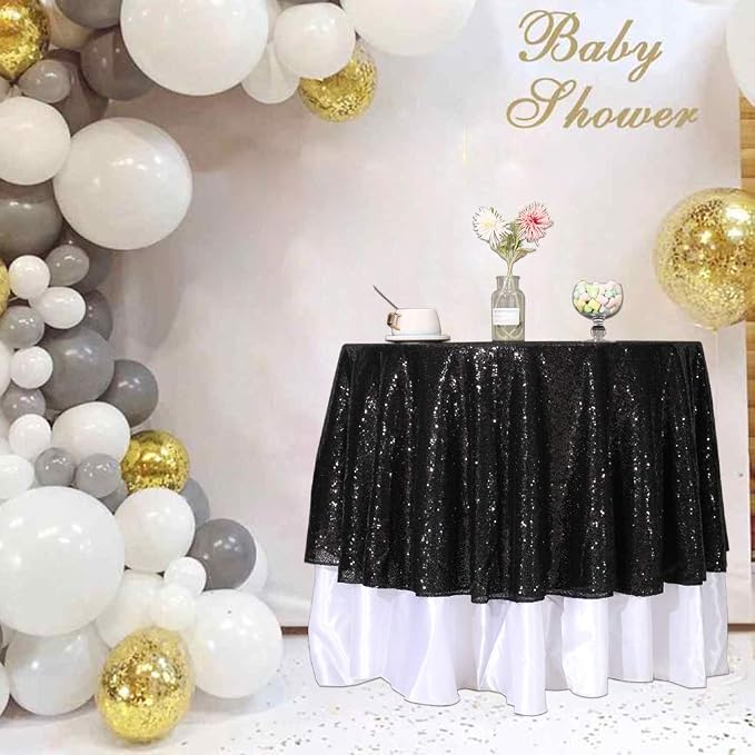 Juya Delight 50-Inch Round Black Sequin Tablecloth for Wedding Birthday Party Festival Ceremony Dessert Table