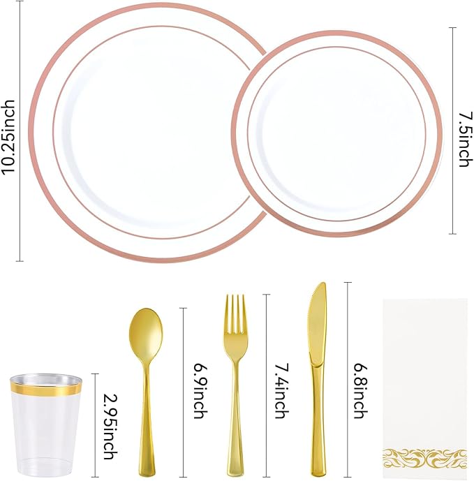 Fijinhom 175 Pcs Rose Gold Disposable Plates for 25 Guests, Disposable Plastic Plates, Dinnerware Set Include 25 Dinner Plates, 25 Salad Plates,25 Cups, 25 Paper Napkins for Party, Wedding