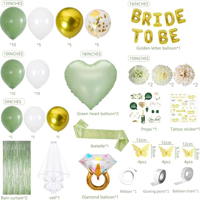 Bridal Shower Decorations,Bachelorette Party Decorations,Bride to Be Bridal Shower with Balloons,Bridal Veil Sash Fringe Curtain for Bachelorette Party favors (Green)