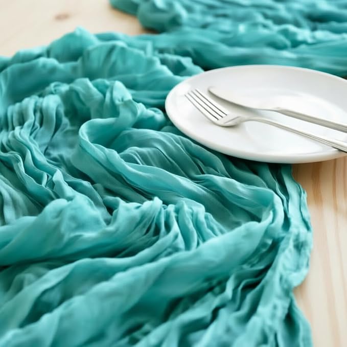LINXTAR Teal Cheesecloth Table Runner 120 Inches 10Ft Gauze Summer Boho Table Runner for Wedding Tea Party Baby Shower Bridal Birthday Home Decoration