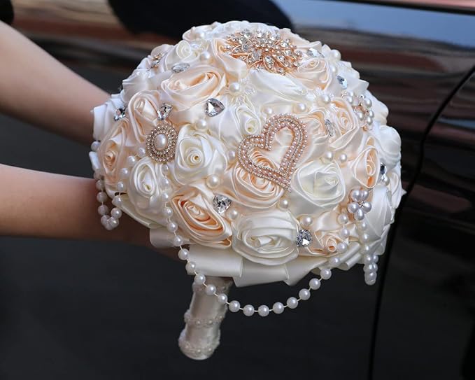 Ivory and Champagne Bridal Wedding Bouquet with Rhinestone Brooch Pearl String Cascade Bouquet for Bride Bridesmaid Quinceanera Satin Rose Flower Bouquet Wedding Champagne and Ivory 7.5in