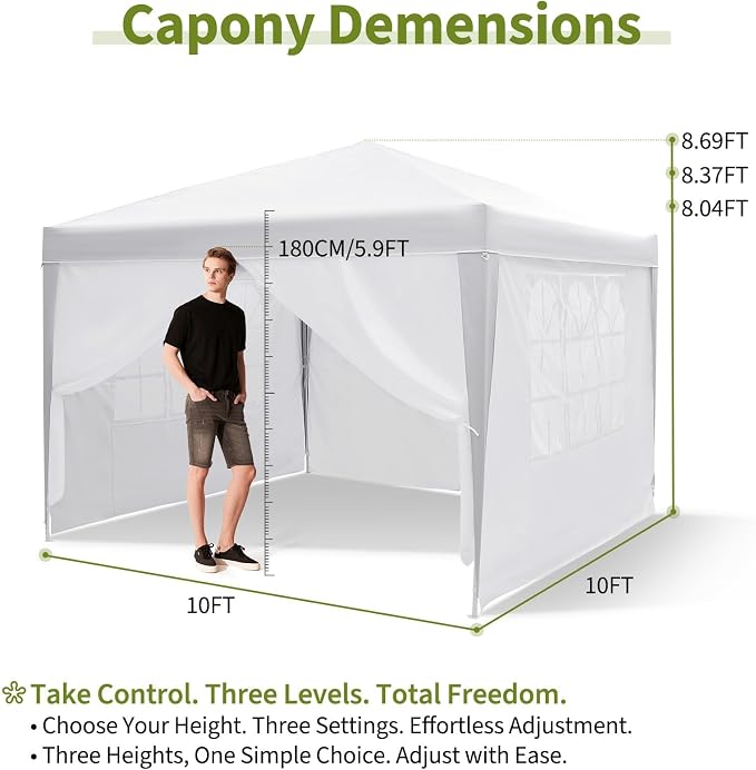 White 10x10 Pop-Up Canopy Tent with 4 Sidewalls – Portable Instant Shelter, Waterproof Outdoor Gazebo for Camping, Parties, Backyard & Beach Activities