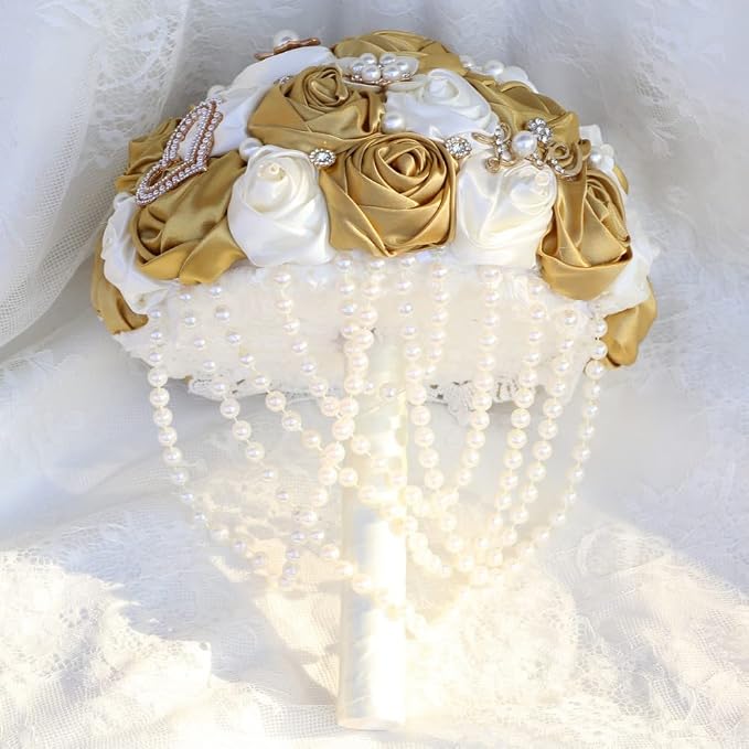Ivory and Gold Bridal Wedding Bouquet with Rhinestone Brooch Pearl String Cascade Bouquet for Bride Bridesmaid Quinceanera Satin Rose Flower Bouquet Wedding Ivory and Gold 9.8in