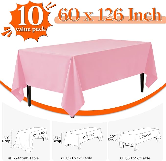 10 Pack Pink Tablecloth 60x126 Inch Pink Table Cloth for 8 Foot Rectangle Tables, Wrinkle Resistant Rectangular Tablecloth Washable Polyester Fabric Table Covers for Party Banquet Wedding Buffet