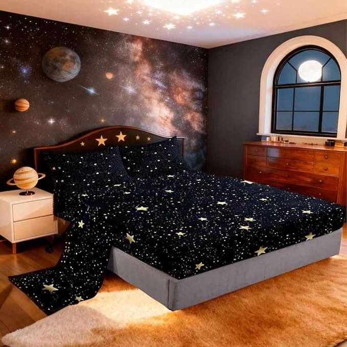 Cartoon Glitter Stars Bed Sheets Golden Starry Galaxy Decorative Sheets Set for Kids Teens Adults Outer Space View Print Dreamy Bedding Set with Flat,Fitted Sheet,2 Pillowcases Queen Size 4 Pcs