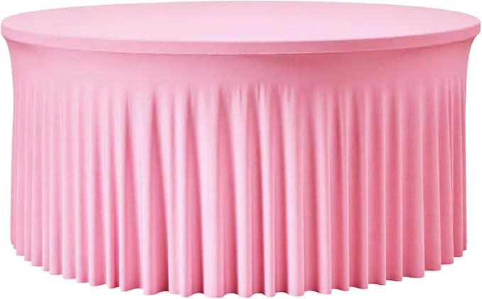 60 Inch Pink Round Tablecloth - Stretch Spandex Fitted Table Cover with Elastic Skirt Edge, Wrinkle-Free & Reusable for 5FT Tables Wedding Banquet Party Birthday Buffet