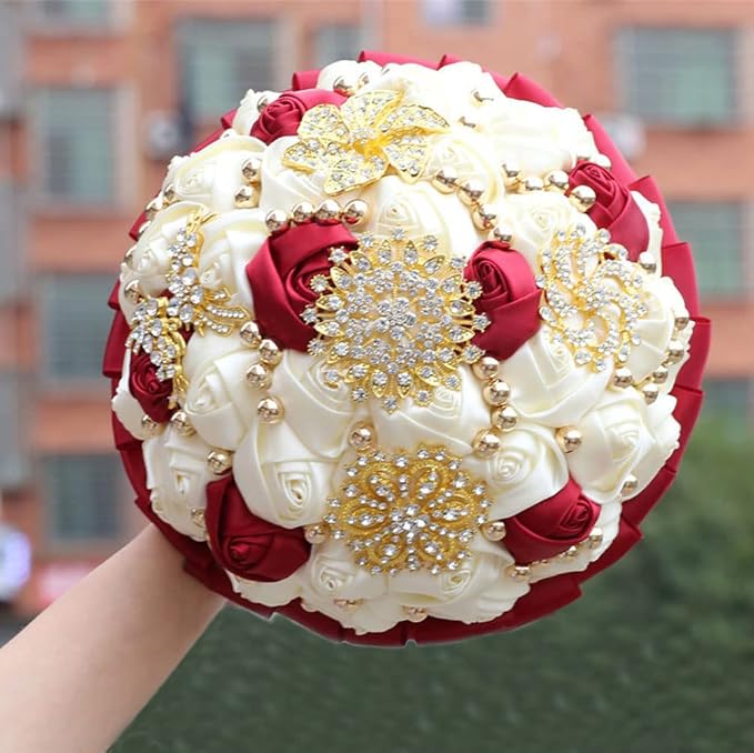 Bridal Wedding Bouquet Luxury Gold Rhinestone Brooch Bouquet for Bride Bridesmaid Quinceanera Artificial Satin Rose Flower Bouquet Wedding Burgundy and Ivory 8.3in