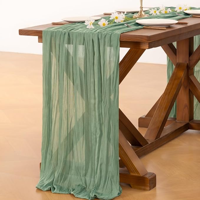 Socomi Sage Green Cheesecloth Table Runner Summer Boho Rustic Farmhouse Gauze 120 inch 10FT Cheese Cloth Sheer Runner for Wedding Party Baby Shower Birthday Home Decor Holiday Decorations