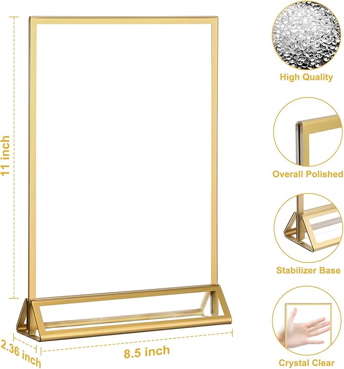 EHWINE 14 Pack 8.5×11 Clear Acrylic Sign Holder with Gold Borders and Vertical Stand, Double Sided Table Menu Holders Picture Frames for Wedding Table Numbers, Restaurant Signs, Photos and Art Display