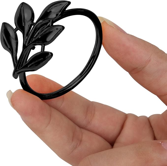 KPOSIYA Set of 6 Leaf Napkin Rings Metal Gold Napkin Holder Table Napkin Rings for Thanksgiving Day Christmas Dinning Table Parties Everyday (Ye Zi-Black 6)