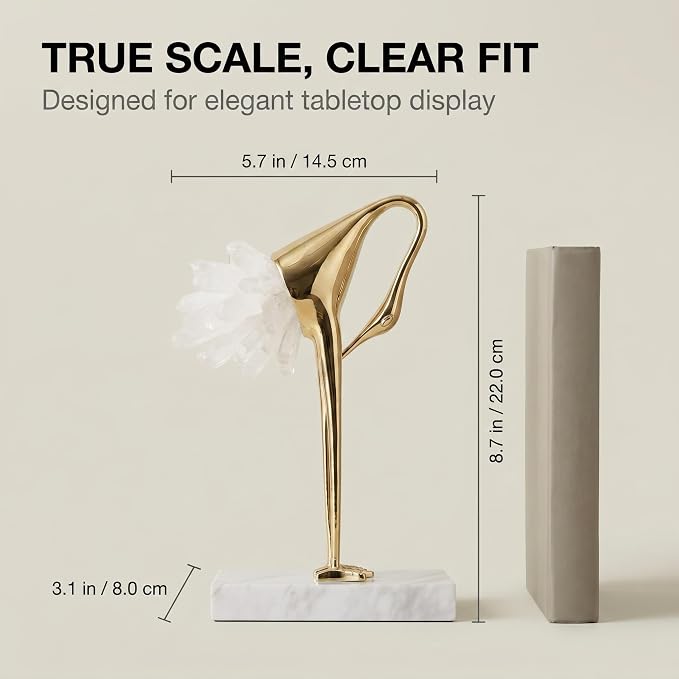suruim Elegant Gold Crane Bird Statues with Crystal Tail Accents, Decorative Brass Figurines for Home Decor (White C)