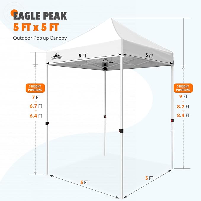 EAGLE PEAK 5x5 Pop Up Canopy Tent Instant Outdoor Canopy Easy Set-up Straight Leg Folding Shelter, White