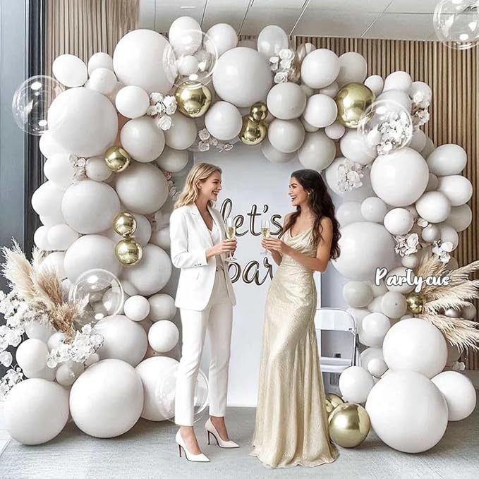 Double Stuffed White Balloon Arch with Clear Bobo, Double Stuffed Light Grey Different White Gold Balloon Garland Kit for Bridal Wedding Engagement Birthday Christmas Valentines Party Decoration