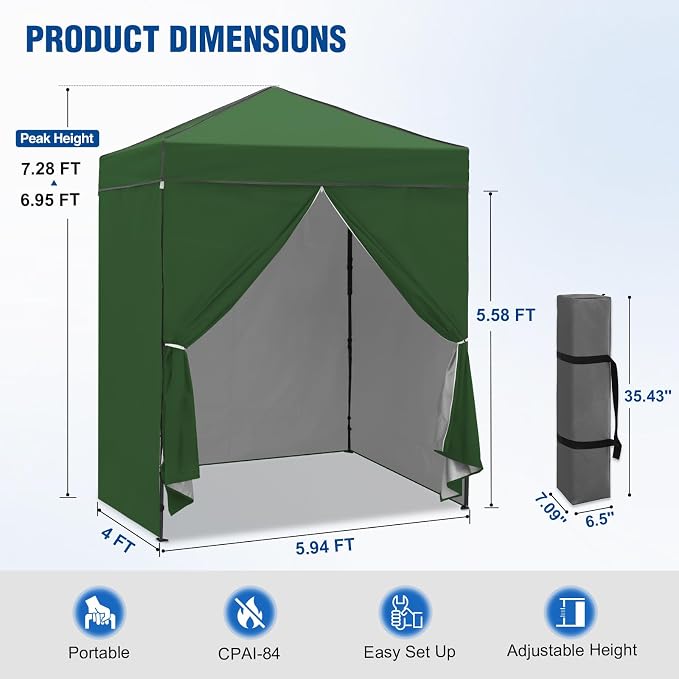 6x4 Pop Up Canopy Tent with Four Wall Panels, Instant Portable Beach Canopy, Outdoor Tent with Carry Bag for Camping, Sports, Tailgating, Events, Green