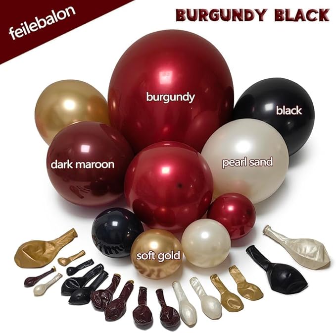 Burgundy Black Balloon Arch Kit Double Stuffed Maroon Dark Red Wine Pearl White Sand Gold Balloon Garland for Birthday Mothers Day Anniversary Graduation Hollywood Bridal Shower Party Decoration