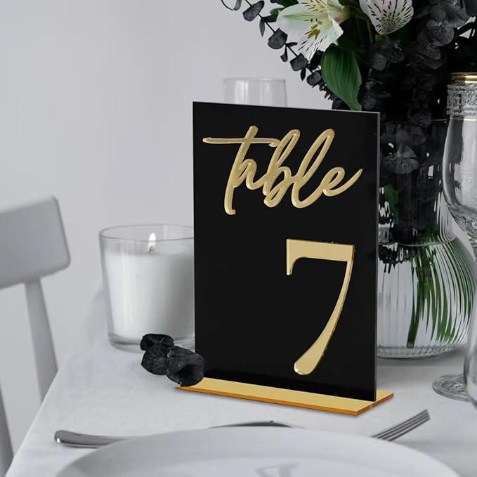 Wedding Table Numbers, Black Acrylic with Gold Text, Freestanding with Base