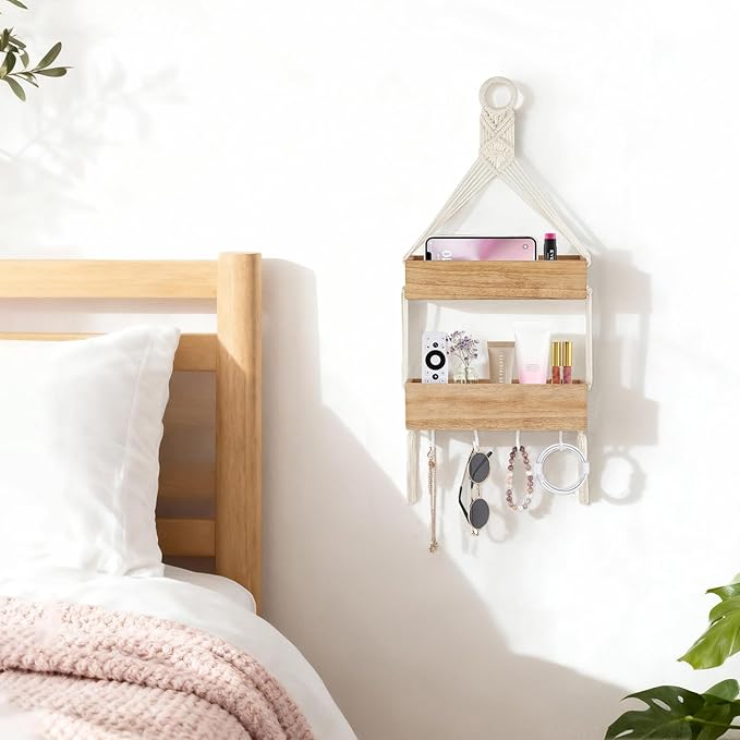 Mkono Macrame Hanging Photo Display Wall Decor with String Lights and Macrame Hanging Shelf for Bedside Shelf Organizer with Hooks