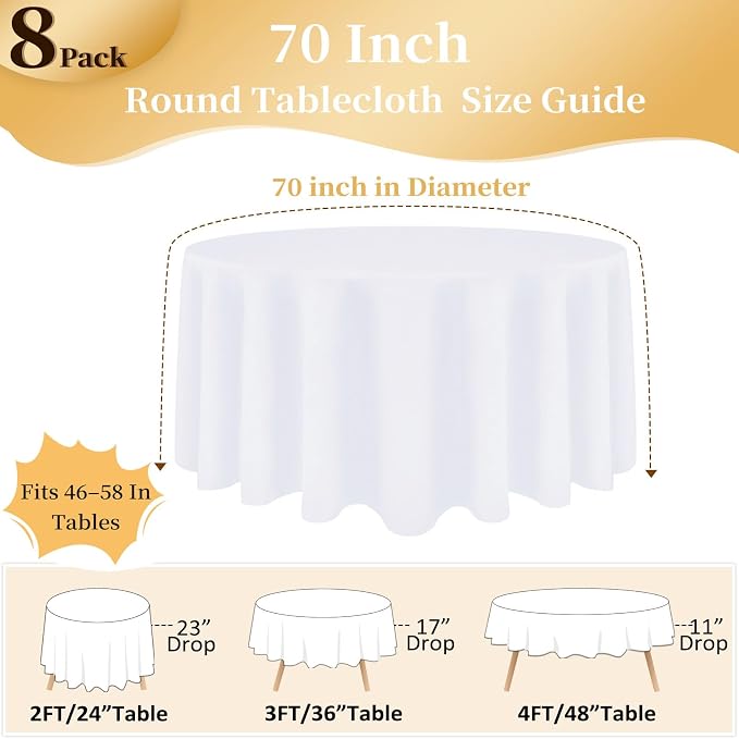 8 Pack White Round Tablecloth 70 Inch Round Table Cloth Fits 24-58 Inch Tables, Wrinkle Resistant and Washable Polyester Fabric Table Cloth Round Table Cover for Dining Wedding Banquet Party