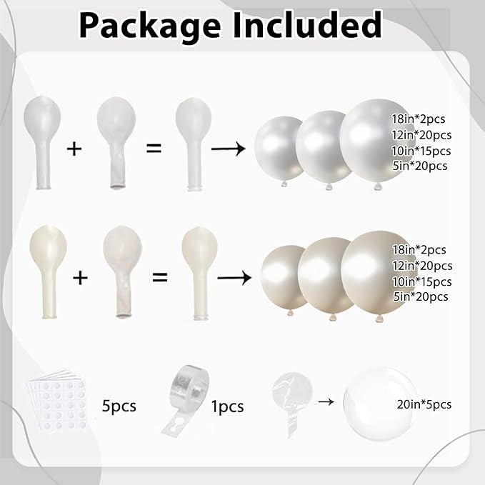 Pearl White Balloons Arch Kit, Double Stuffed White Sand Beige Ivory Balloons Pastel White Bobo Balloons Arch Kit for Wedding Birthday Party Engagement Decorations