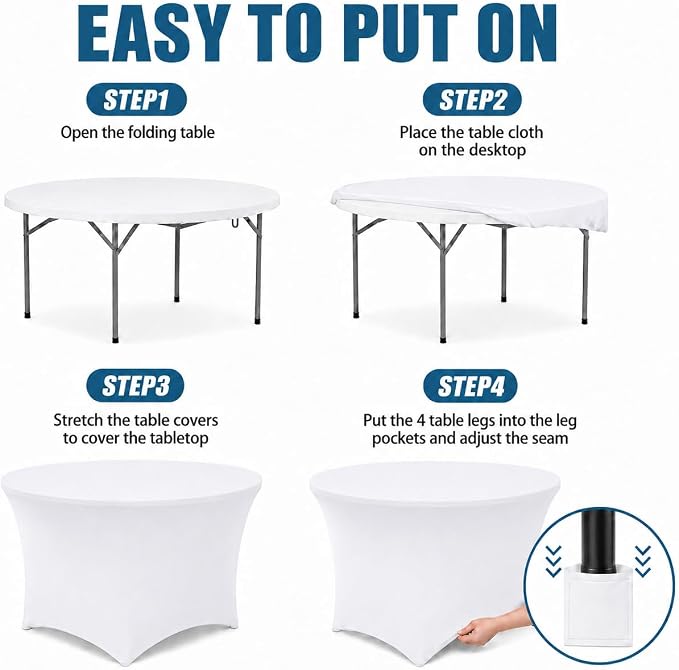Round Table Covers - 6 Pack 48x30 Inch Table Cloth - White Fitted Stretch Spandex Round Tablecloth for Party, Vendor, Birthday, Booth, Banquet