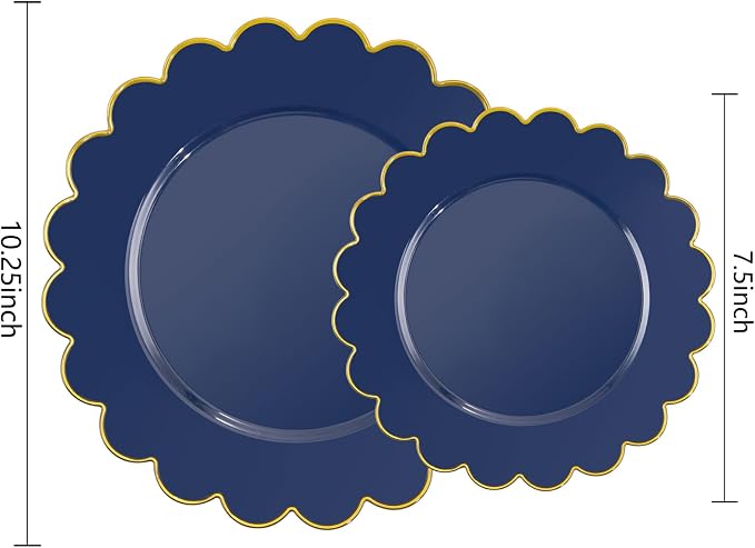 LIYH 60 Pcs Navy Blue Plastic Scalloped Plates with Gold Rim, Blue and Gold Disposable Patriotic Plates for Party Included 30 Dinner Plate 10.25 30 Dessert Plate 7.5 Inch for Party