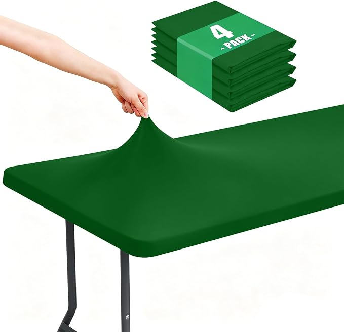 Moosfor Spandex 6 Foot Rectangle Table Cloth 4 Pack, Elastic Fitted Tablecloths for Picnic, Stretch Washable Patio Table Cover for Outdoor, Camping, Banquet and Parties (Emerald Green, 30"x72")