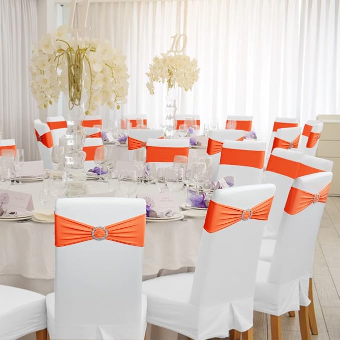 Babenest Spandex Chair Sashes Bows 50PCS Premium Stretch Chair Cover Band with Buckle Slider Universal Elastic Chair Ties for Wedding Party Ceremony Reception Banquet Decoration (Orange)