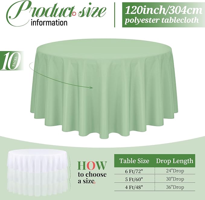 Pesonlook 10 Pack 120 Inch Sage Geen Round Table Cloths, Premium Polyester Round Tablecloth Wrinkle Resistant Washable Table Cover for Wedding, Party, Dining,Banquet,Buffet