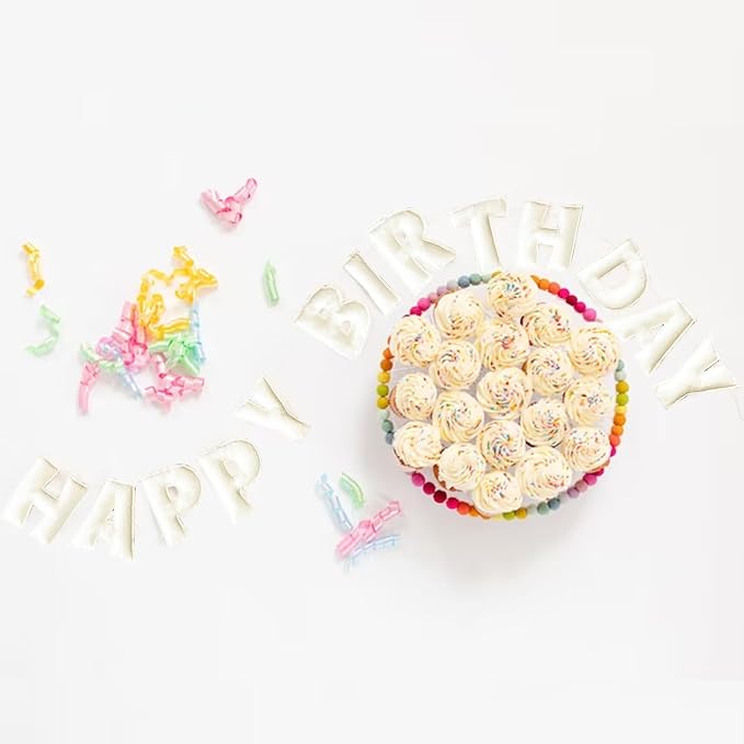 Pre-Strung Happy Birthday Banner - Felt Ball Garland, White Theme Party Decorations, HAPPY BIRTHDAY Garland, Personalized Birthday Sign for Birthday Decor, Party Decor, Photo Prop (White Happy Birthday Banner)
