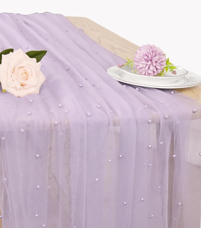 Pearl Table Runner 29 x 120 Inch Tulle Fabric Lace Table Runners for Bridal Shower Birthday Party Wedding Arch Dessert Table Decor(1 Pack, Light Purple)