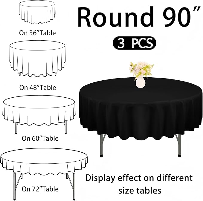 3 Pack 90 Inch Round Black Polyester Tablecloth Bulk Washable Table Covers for Wedding Dining Table Buffet Parties Banquet Decor(Black)