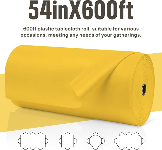 54IN X 600FT Plastic Table Cover Roll, Plastic Table Cloths for Parties, Birthday, Weddings, Banquet,Disposable Tablecloth Roll for All Shape Tables,Party Supplies(Yellow, 54 Inch X 600 Feet)