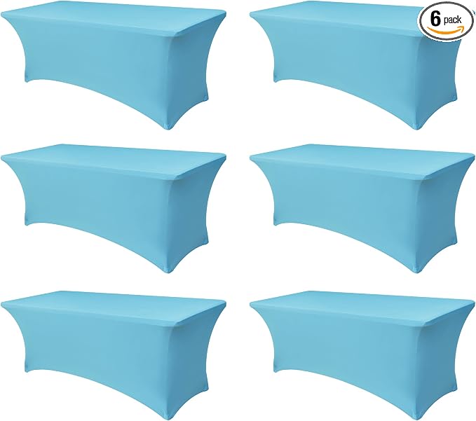 Stretch Table Cover for 6 Foot Tables-6 Pack Light Blue Spandex Fitted Tablecloth-Elastic 6ft Folding Tablecloths for Party, Vendor Booth Display, Banquet Buffet Event, Craft Trade Show