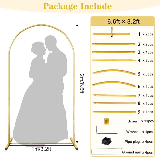 RUBFAC 6.6 FT Arch Backdrop Stand, Metal Gold Wedding Arch Frame, Floral Balloon Arch Stand for Birthday Baby Shower Bridal Anniversary Graduation Ceremony Party Backdrop Decoration