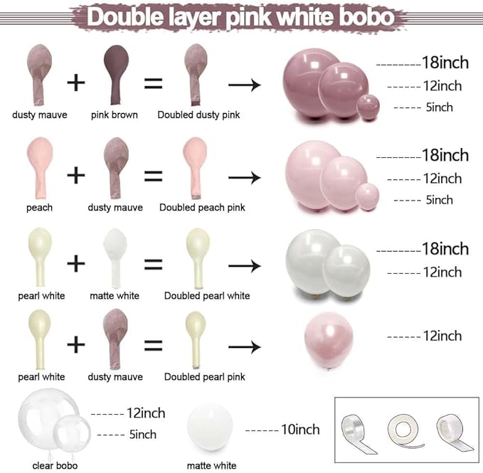 Pink White Balloon Arch Double Stuffed Pearl Pink Bobo Balloons Garland for Birthday Baby Shower Bridal Shower Wedding Fairy Baptism Party Decorations
