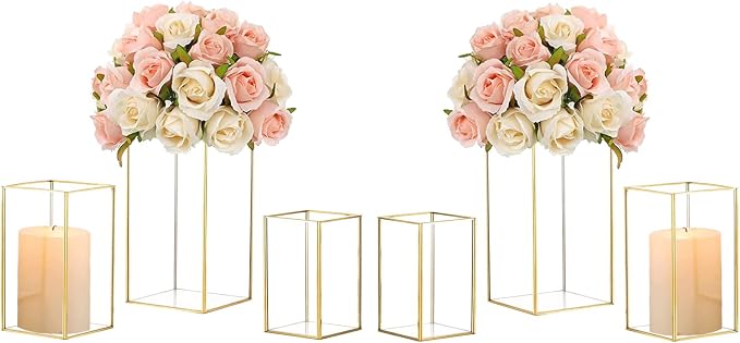 Hewory Glass Hurricane Candle Holder Set of 6, Gold Large Hurricane Centerpiece for Table, Tall Floor Square Pillar Candle Holders Lantern Set for Wedding, Anniversary, Party, Fireplace, Dining Room