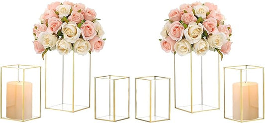 Hewory Glass Hurricane Candle Holder Set of 6, Gold Large Hurricane Centerpiece for Table, Tall Floor Square Pillar Candle Holders Lantern Set for Wedding, Anniversary, Party, Fireplace, Dining Room