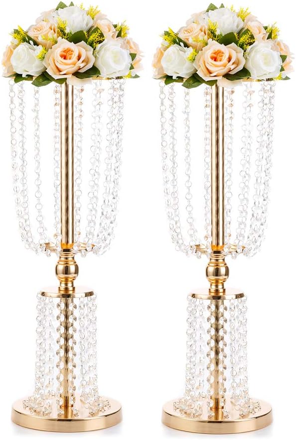 2 Pcs 23.75 inches Gold Vases for Centerpieces Tall Crystal Metal Vase Flower Stand Holders Wedding Centerpiece Chandelier for Reception Tables Wedding Supplies