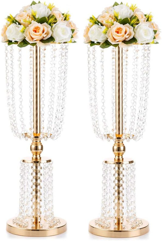 2 Pcs 23.75 inches Gold Vases for Centerpieces Tall Crystal Metal Vase Flower Stand Holders Wedding Centerpiece Chandelier for Reception Tables Wedding Supplies