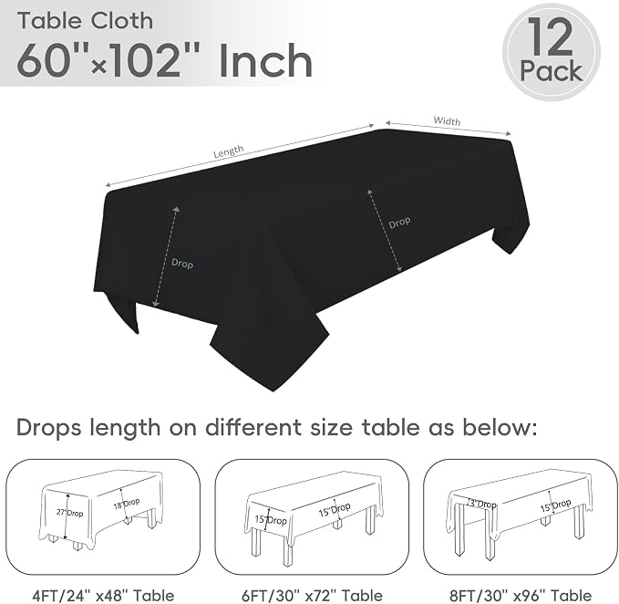 12 Pack Black Tablecloth 60 x 102 Inch Rectangular Table Cloth for 6 Foot Rectangle Tables, Wrinkle Resistant Washable Polyester Fabric Table Covers for Wedding Party Banquet Buffet and Camping